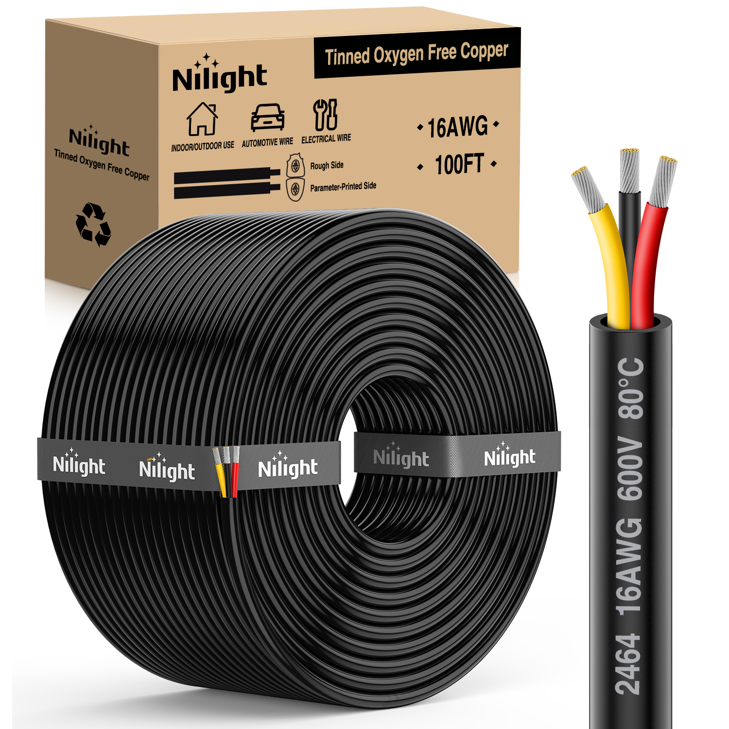 100FT 16AWG 3 Conductor Electrical Wire Tinned Oxygen Free Copper Red Black Yellow 3 Wires Parallel 600V DC Flexible PVC Case Extension Cords for LED Strips Lamps Lighting