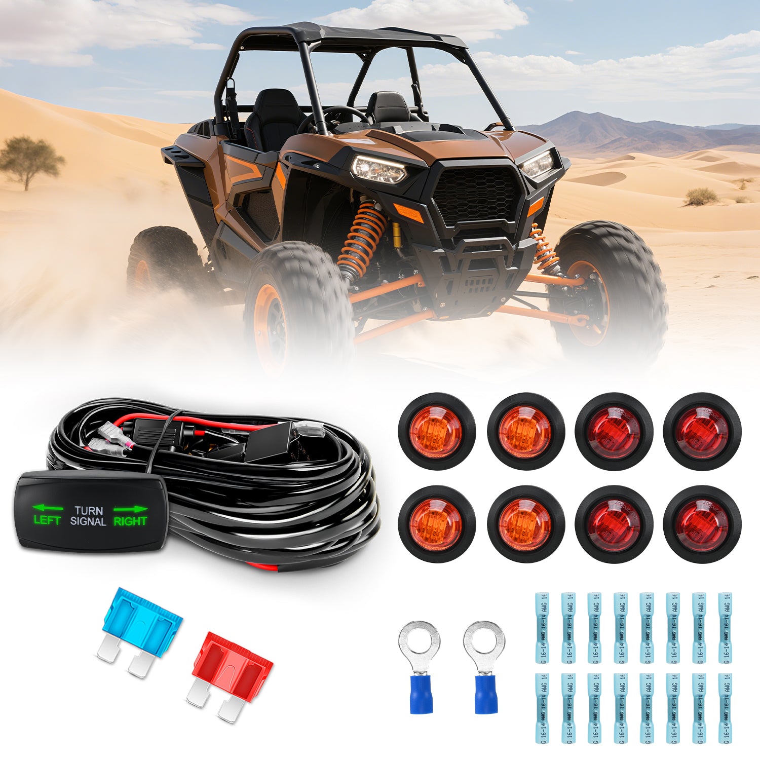 UTV ATV Turn Signal Wiring Harness Kit Street Legal Flasher Relay Kits with Horizontal Rocker Switch Red &Yellow Lights for Polaris Kawasaki Teryx Can Am Commander Cat Wild Green Backlight