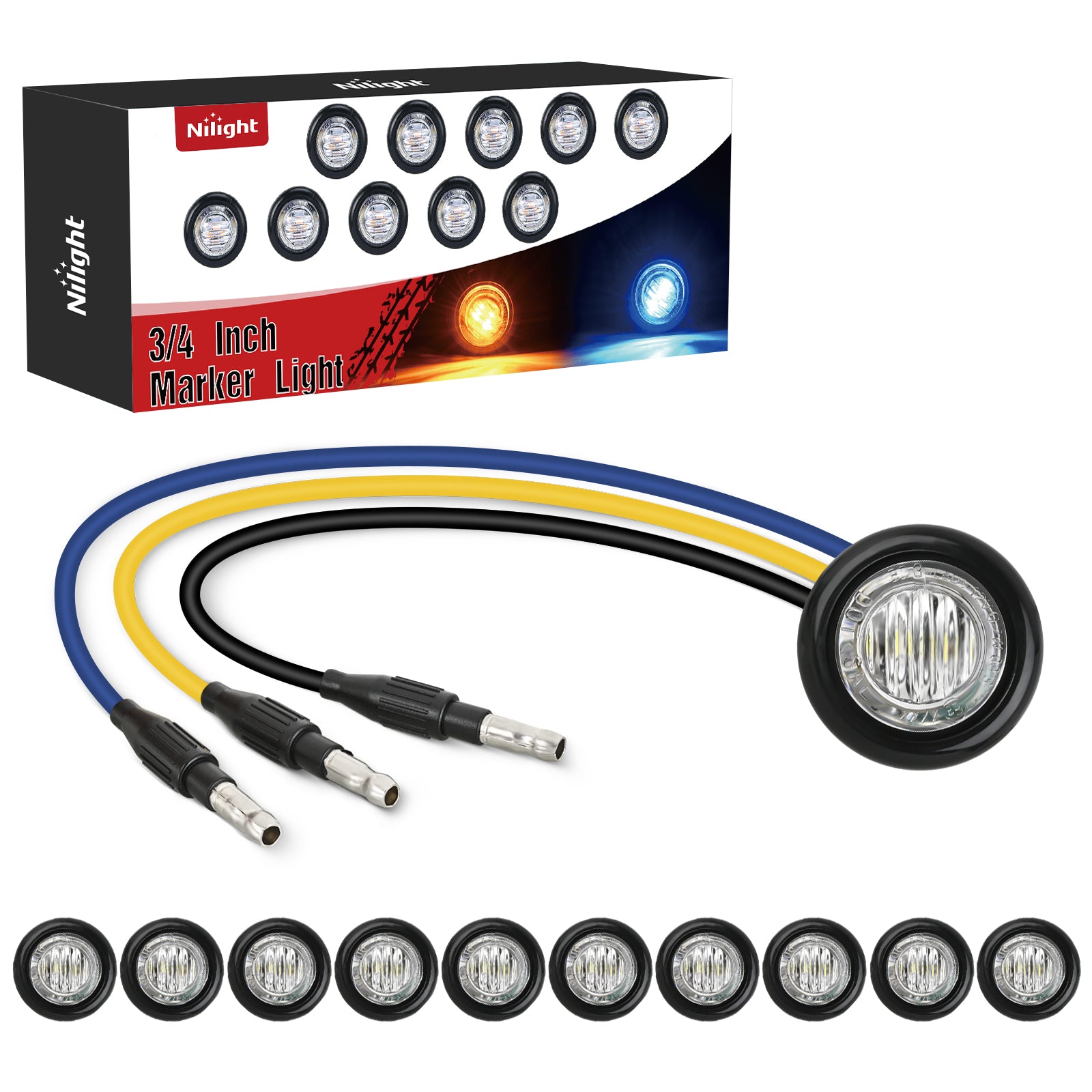3/4Inch Dual Color Marker Light 10PCS Amber to Blue Turn Signal Auxiliary Side Marker Clearance Indicator Bullet Lights 3 Plug IP68 Waterproof for Trailer Truck Pickup Camper RV ATV UTV Van Bus