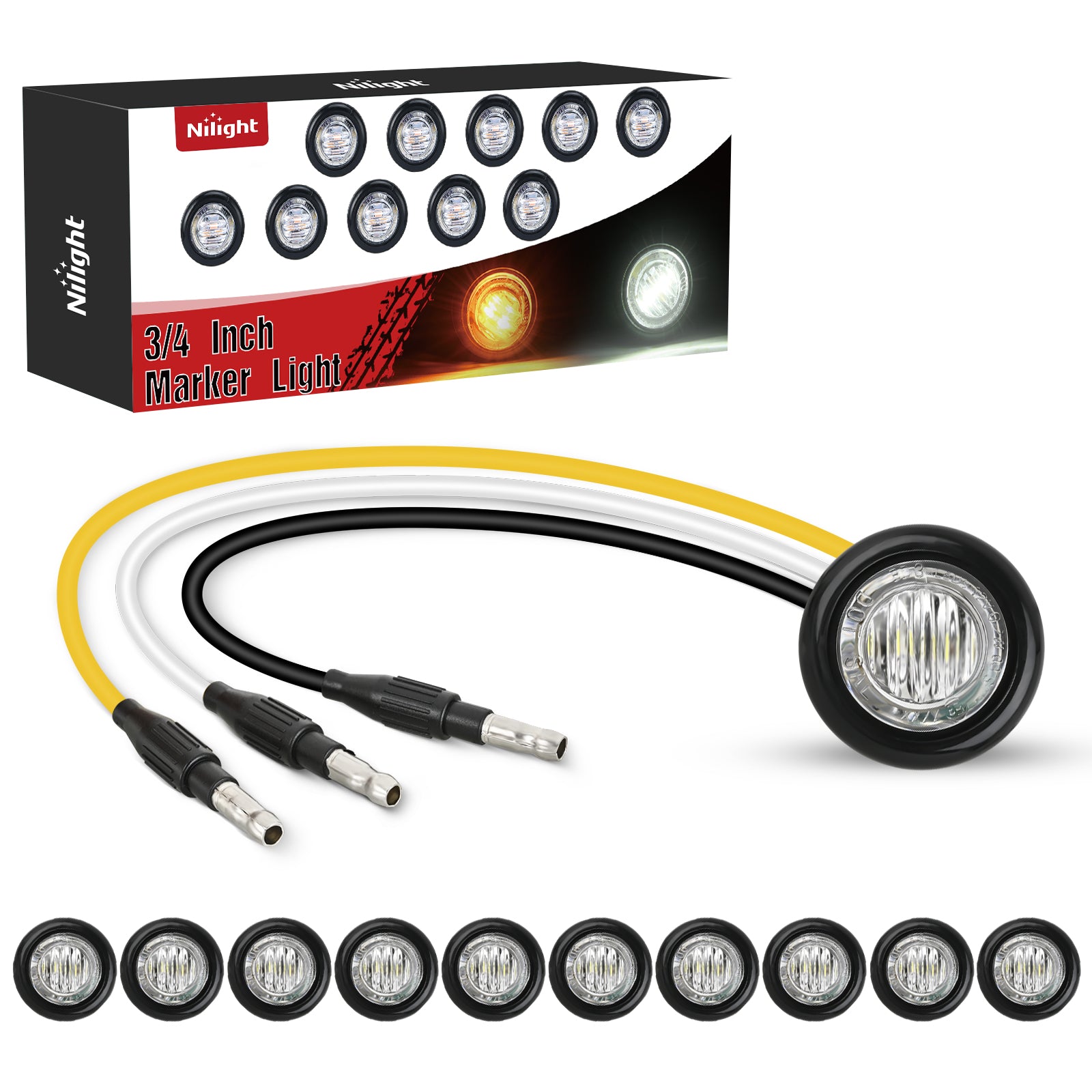 3/4Inch Dual Color Marker Light 10PCS Amber to White Turn Signal Auxiliary Side Marker Clearance Indicator Bullet Lights 3 Plug IP68 Waterproof for Trailer Truck Pickup Camper RV ATV UTV Van Bus