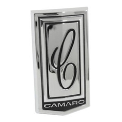 1970 Camaro Header Panel Emblem, C Script with CAMARO Text and Mounting Nuts