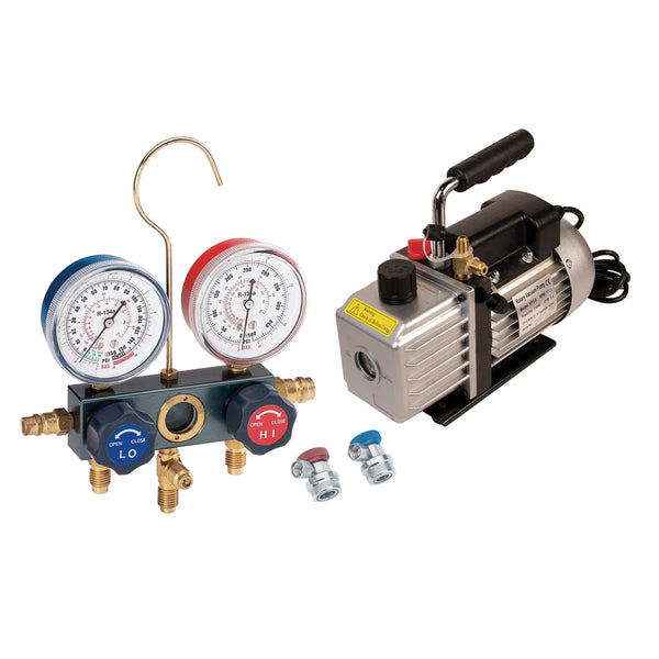 Vacuum Pump and Aluminum Block Manifold Gauge Set with Manual Couplers FJCKIT6M