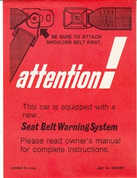 1972 - 1973 Camaro Seat Belt Instruction Warning Card, Sunvisor Sleeve