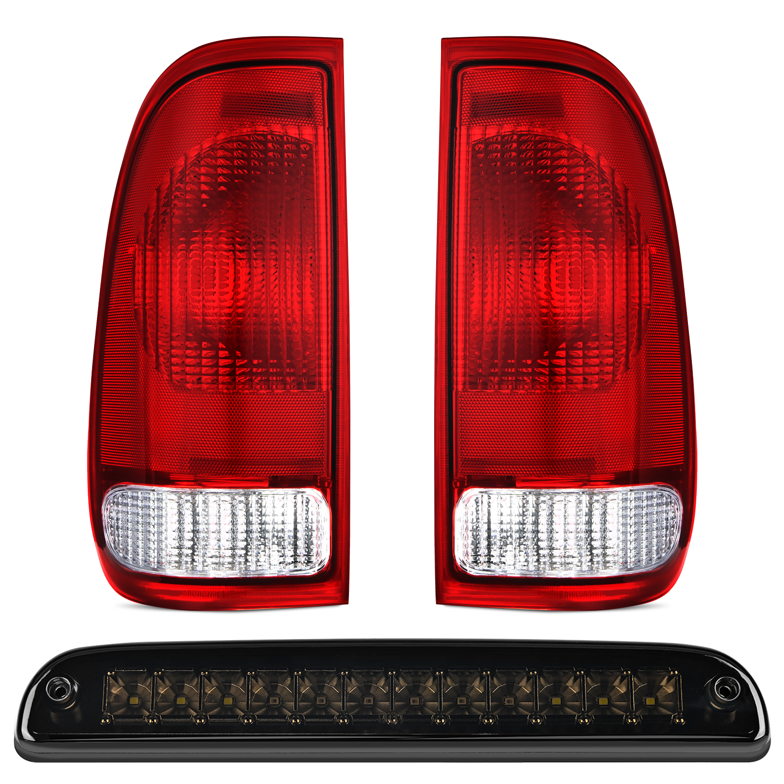 Tail light + 3rd Third Brake Light Assembly Compatible with 1999 2000 2001 2002 2003 2004 2005 2006 2007 F250 F350 F450 F550 Super Duty Red Taillight with High Mount Brake Rear Cargo Lamp