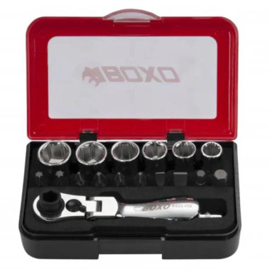 Boxo P502 18-Piece Metric 1/4" Drive 6-Point Socket Set with Flex Head Ratchet