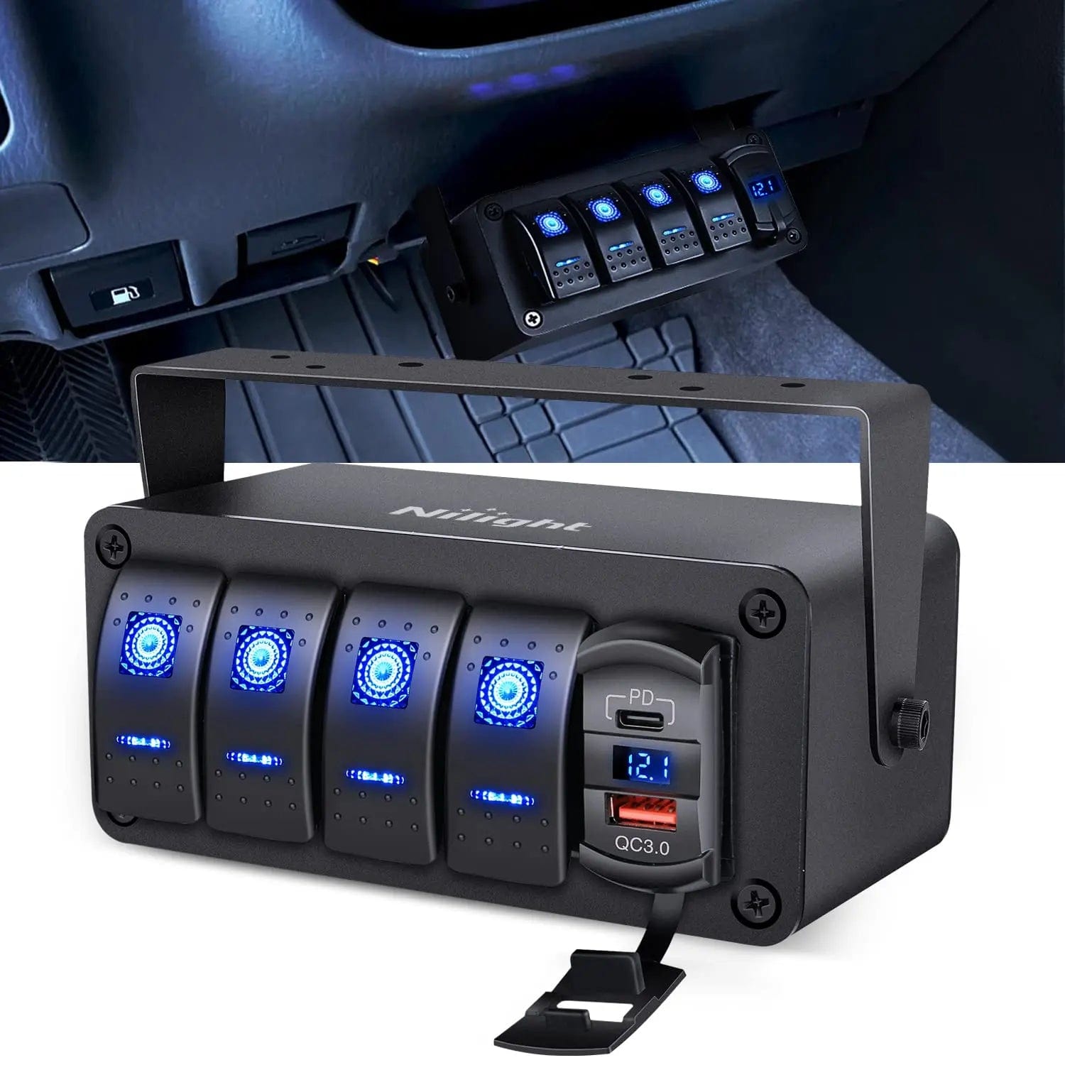 4Gang Blue Rocker Switch Box w/ PD Type C | QC 3.0 USB Charger Voltmeter