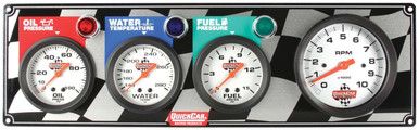 QuickCar 3-1 Gauge Panel with 3-3/8" Tachometer, Oil Pressure, Water Temperature, Fuel Pressure, Silver Face, 15-1/8" x 4-1/2", 61-60423