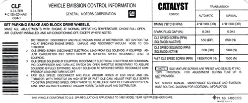 1982 Camaro 305 Engine Emission Decal, with CLF Code 14050223