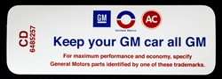1970 Camaro 396 / 375 L-78 Keep Your GM Car All GM Air Cleaner Decal, 6485257 with CD Code