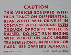 1972 - 1978 Camaro Trunk Jack Caution Decal, Positraction with Limited Slip Differential