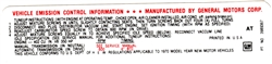 1970 Camaro Emission Decal, 396 with 350 HP, After January 70, AT 3989367