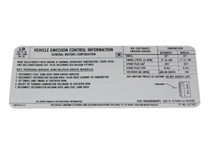 1972 Camaro 6 Cylinder Engine Emission Decal, LB Code 6271002
