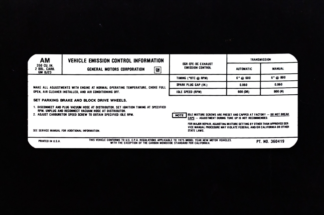 1975 Camaro Emission Decal, 350 Two Barrel, AM Code 360419