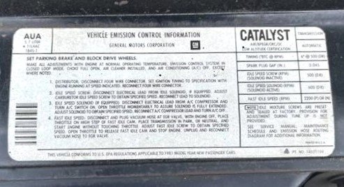 1981 Camaro Z28 Emission Decal, Automatic Transmission, AUA Code 14031194