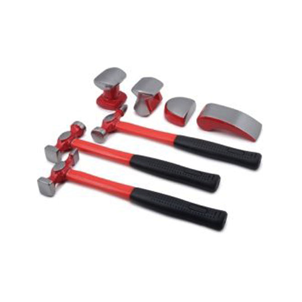 Auto Body Hammer Set, 7 Piece, with Three Fiberglass Handled Hammers, Four Dollies, in Molded Case