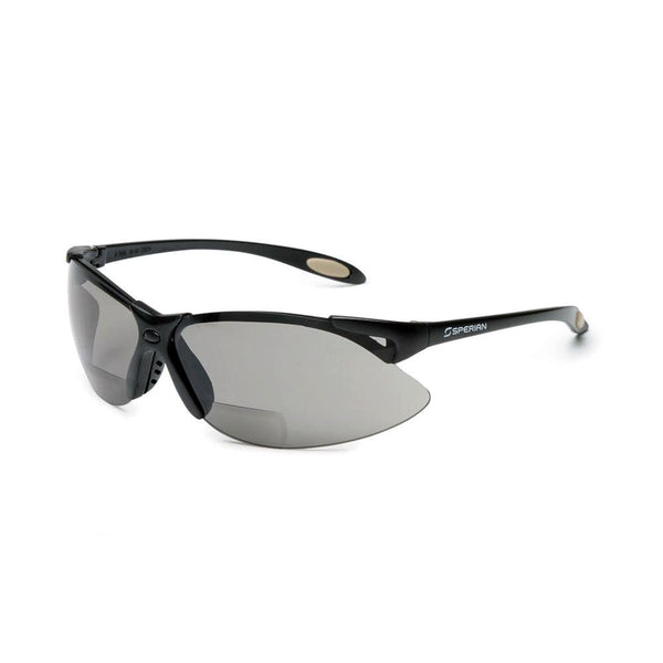 Safety Glasses, Bi-Focal Readers, +1.50, Sporty Black Frame, Wraparound TSR Gray