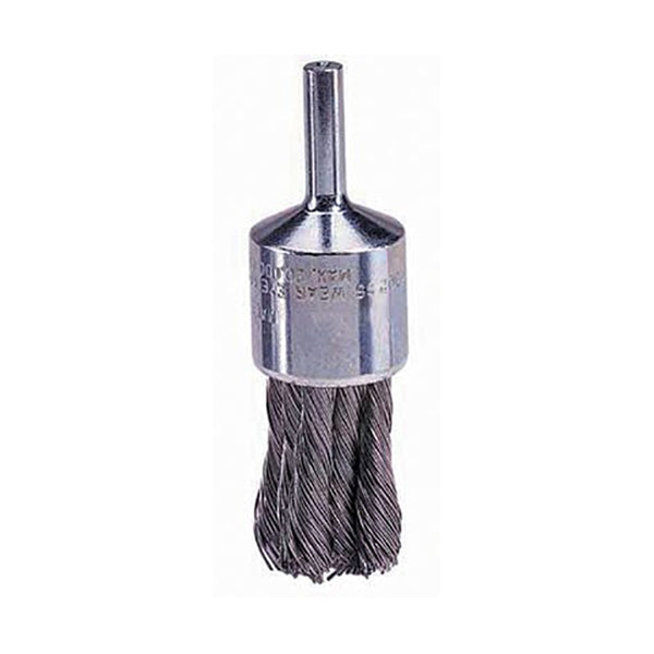Wire End Brush, 1-1/8" Diameter, .014 Knotted Wire, 1/4" Round Stem, 22,000 RP