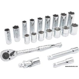 Performance Tool 23pc 3/8" Drive 6 Point Socket Set with Ratchet - Metric