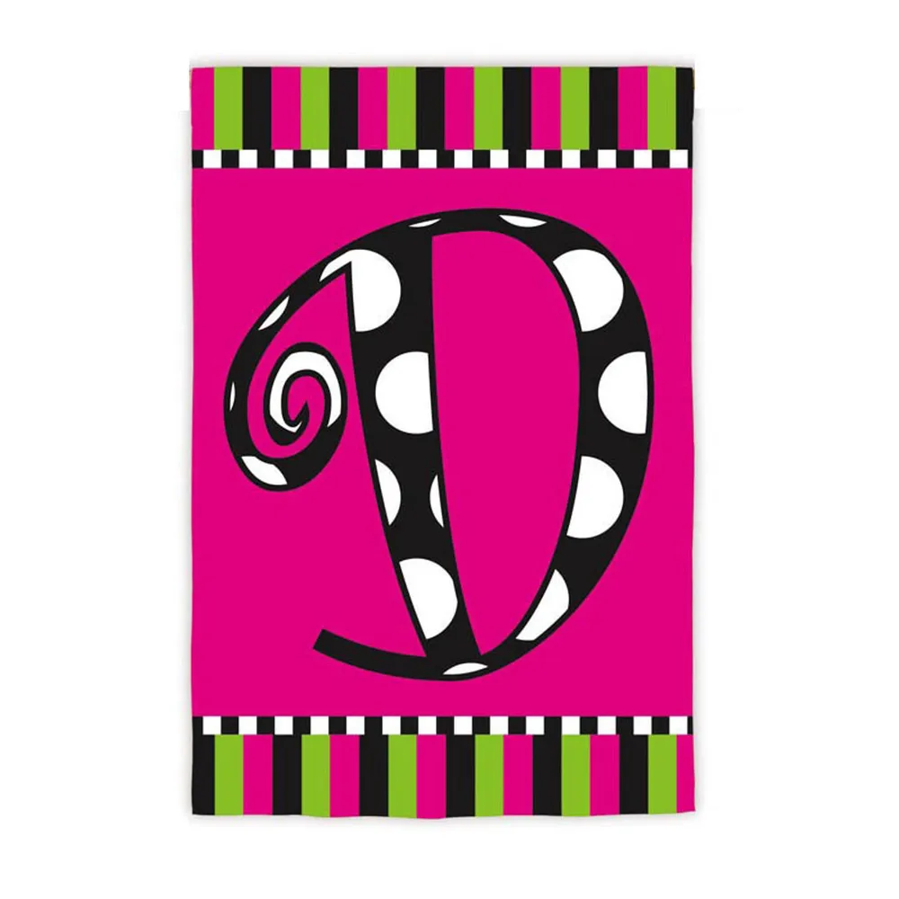 Twirly Curly Pink Polka Dots & Stripes Monogrammed “D” Outdoor Flag 18″ x 12.5″
