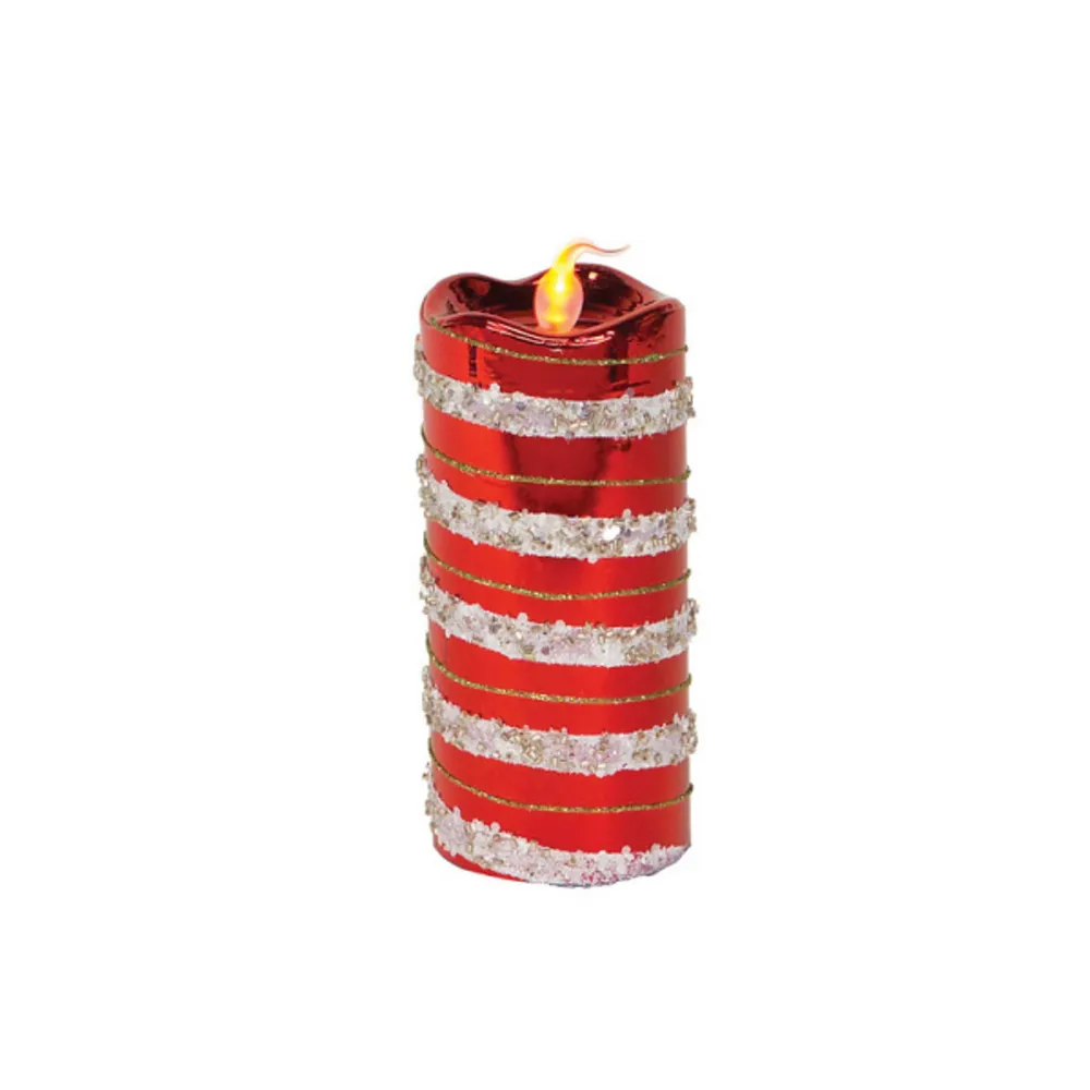 6” Flameless LED Glass Red and White Striped Decorative Pillar Candle