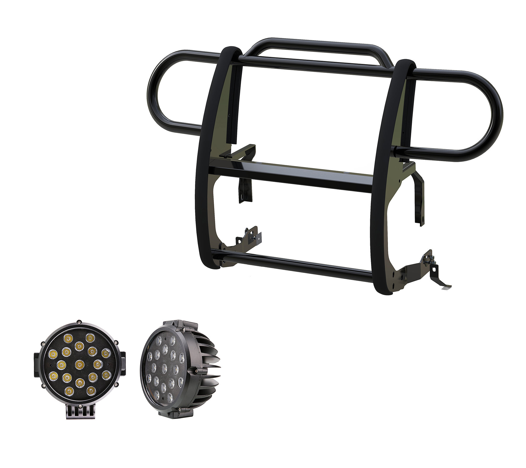 Black Horse Off Road Grille Guard with Set of 7" Round LED Lights for 18-26 Jeep Wrangler JL & Gladiator JT