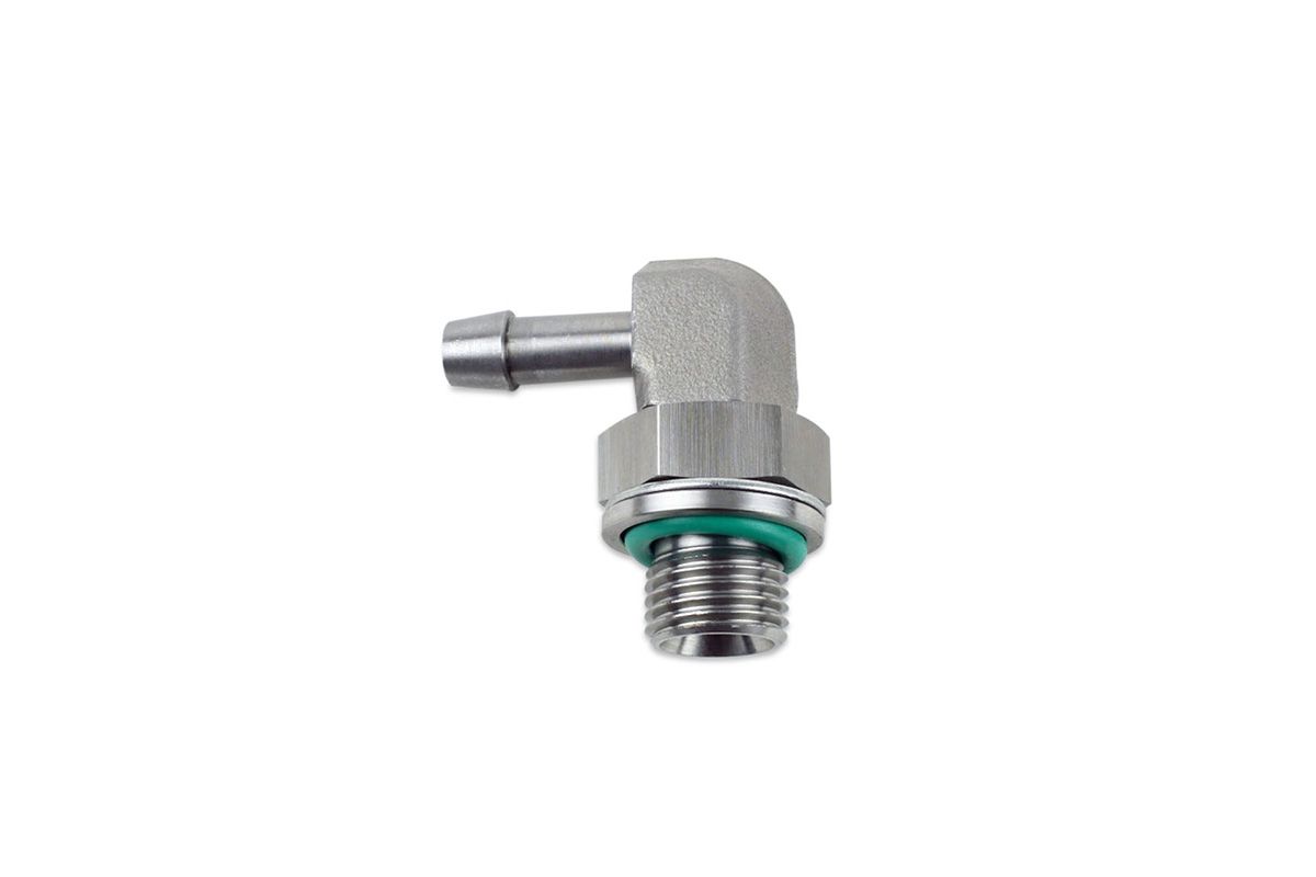 RaceFlux 90-Degree 1/4" BSPP Male to 1/4" Barb Adapter Fitting, Stainless Steel