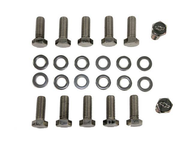 Intake Manifold Bolt and Washer Kit, (24) incl hex cap polished stainless bolts w/ *Bowtie* and 12 washers, reproduction