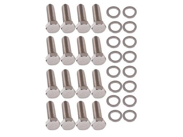 Intake Manifold Bolt and Washer Kit, (34) incl 18 hex cap polished stainless bolts w/ *Bowtie* and 16 washers, reproduction