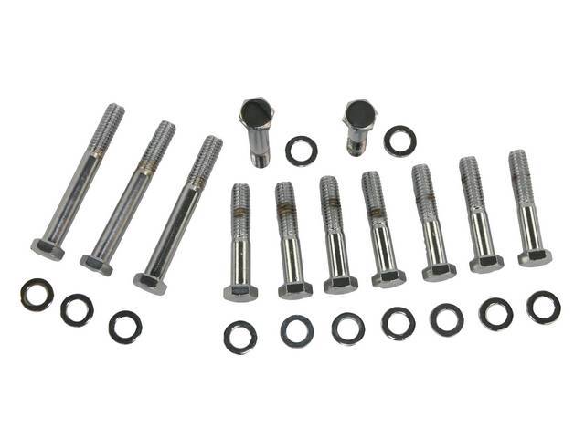 Exhaust Manifold Bolt Kit, (24) includes hex cap chrome plated bolts and washers, reproduction