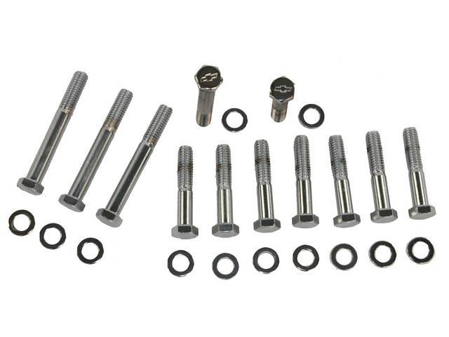 Exhaust Manifolds Bolt Kit, (24) includes hex cap polished stainless bolts w/ *Bowtie* and washers, reproduction