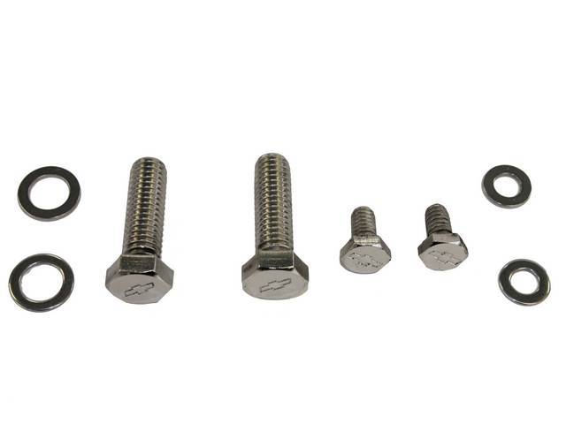 Fuel Pump Bolt Kit, (8) includes hex cap polished stainless bolts w/ *Bowtie* and 4 flat washers, reproduction