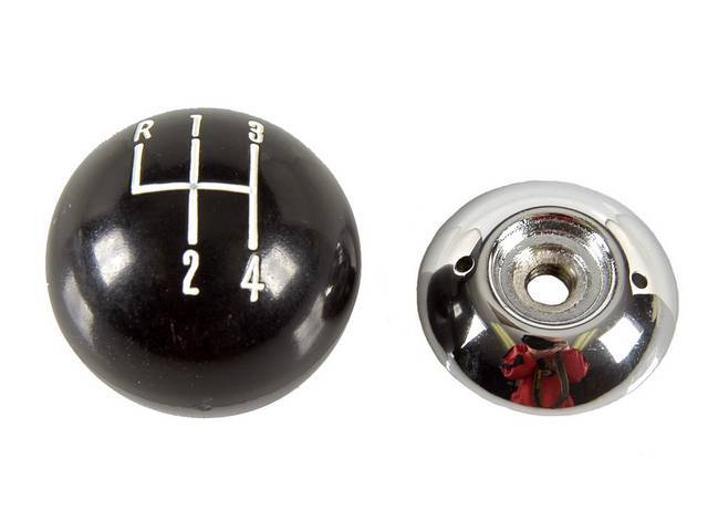 Shift Knob, 2 Piece, Black Upper W/ 4 Speed Pattern in White, Chrome Lower, 5/16 Inch Thread, reproduction