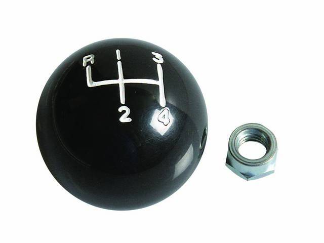 Shift Knob, 1 Piece, Black W/ 4 Speed Pattern in White, incl check nut, 3/8 Inch Thread, reproduction