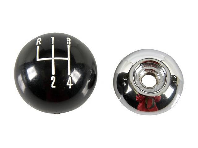 Shift Knob, 2 Piece, Black Upper W/ 4 Speed Pattern in White, Chrome Lower, 3/8 Inch Thread, reproduction