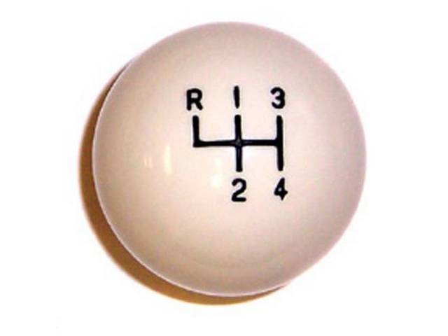 Shift Knob, 1 Piece, White W/ Small 4 Speed Pattern in Black, 9/16 Inch Thread, reproduction