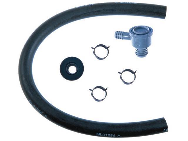 HOSE KIT, Power Brake Booster Vacuum, incl 16 1/4 inches of rubber hose, correct check valve, grommet and 2 black pinch clamps, Repro