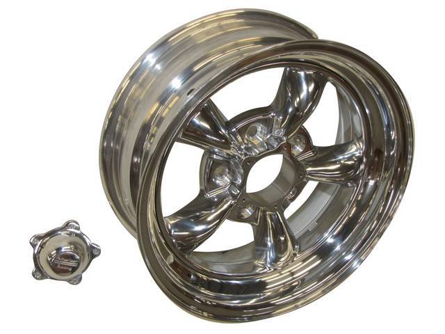 Wheel, Torq Thrust II, one piece Polished Alloy, 15 Inch O.D. X 6 Inch Width, 5 x 4 3/4 Inch Bolt Circle, 3 3/8 Inch Back Spacing, Incl Center Cap