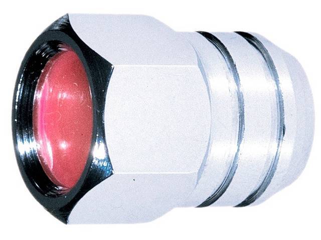 LUG NUT SET, Wheel, Rally II, Hex Cap W/ Recessed Top and Red Dot, Cone Seat, 7/16 Inch-20 Thread, Chrome Finish, (20) Repro