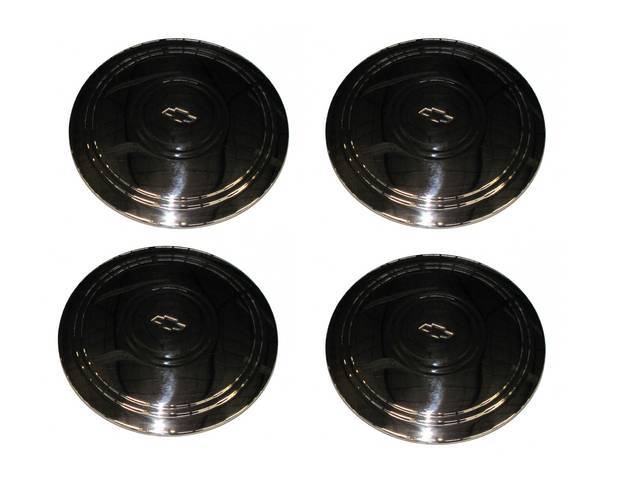 Rally Wheel Hub Cap Set, (4) Police Style Caps w/ *BOWTIE* Logo, Stainless, reproduction
