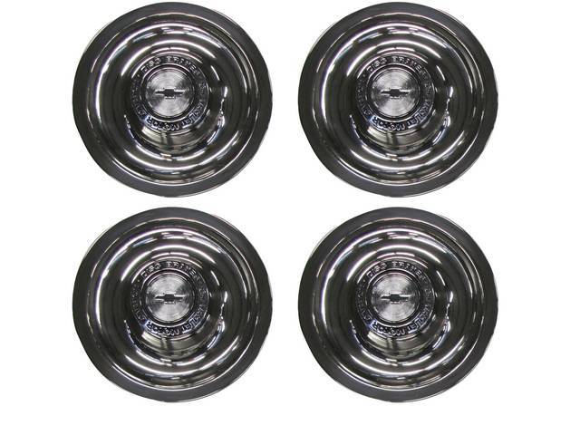 Rally Wheel Hub Cap Set, (8) Short Style w/ *CHEVROLET MOTOR DIVISION-DISC BRAKES*, reproduction