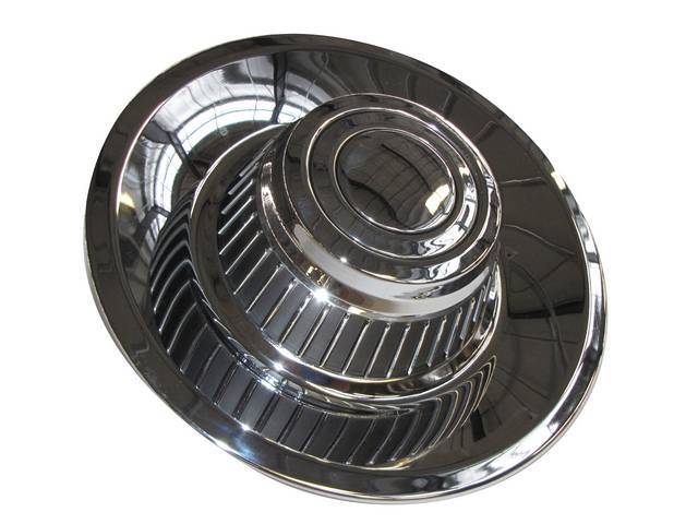 Rally Wheel, Short Style Hub Cap, 2 5/8 Inch tall, Chrome Base and Cap w/ Black Ribbing Around Cap, repro
