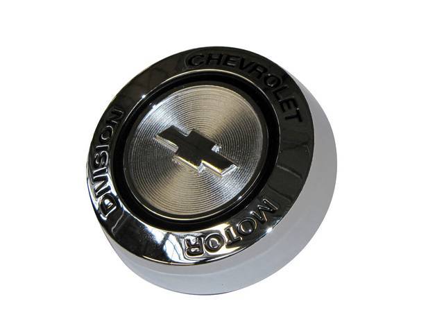 ORNAMENT, Hub Cap, Chrome W/ *Chevrolet Motor Division* in Black Recessed Lettering and Bowtie in Center, GM Original