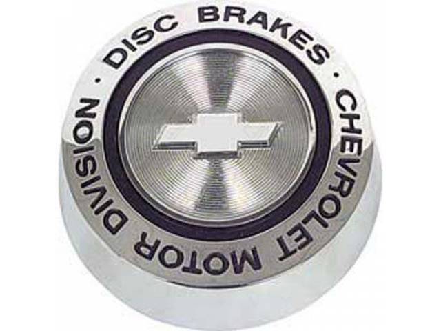 Hub Cap Ornament, Die Cast chrome plated w/ *Chevrolet Motor Division-Disc Brakes, reproduction