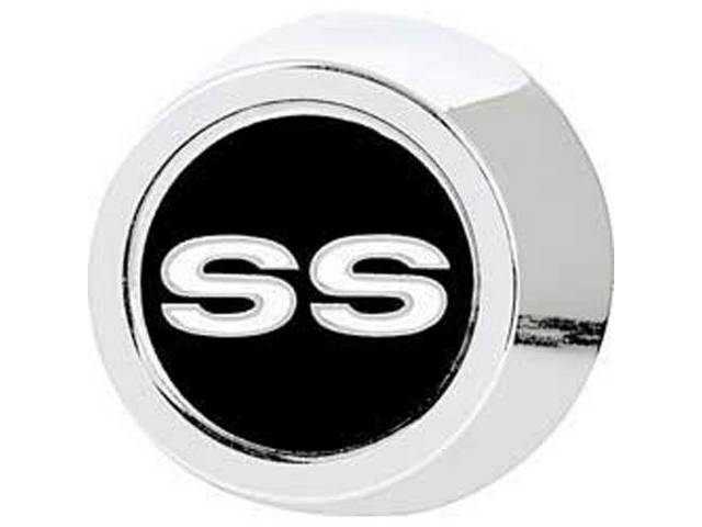 Magnum Wheel Center Ornament, Chrome W/ Black Insert Featuring White *SS* Letters, reproduction