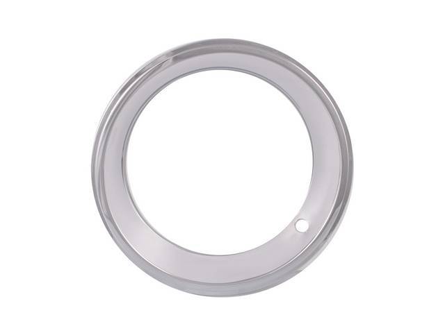 Wheel Trim Ring, 14 x 2 1/2 Inch, 360 degree clip, square / flat radius flange, full oval valve stem hole, polished stainless, US-made repro