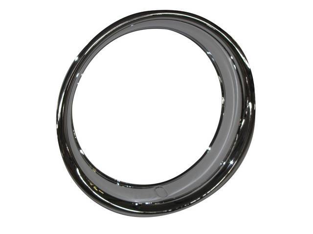 Wheel Trim Ring, 14 x 2-1/2 Inch, 360 degree clip, Rounded Flange, full oval valve stem hole, polished stainless, US-made reproduction