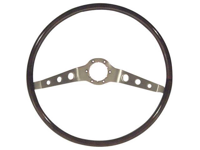 STEERING WHEEL, Woodgrain 2 Spoke, Walnut w/ brushed aluminum spokes, 16 1/2 inch o.d. w/ 4 inch dish, adapter, contact, center cap and hardware not incl, repro