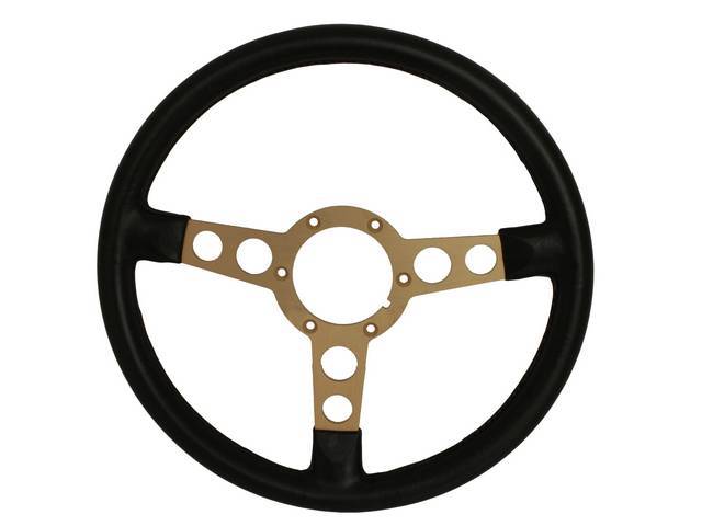 Steering Wheel, Formula 3 Spoke, Black cushion rim w/ gold spokes, 4 inch circumference rim, reproduction