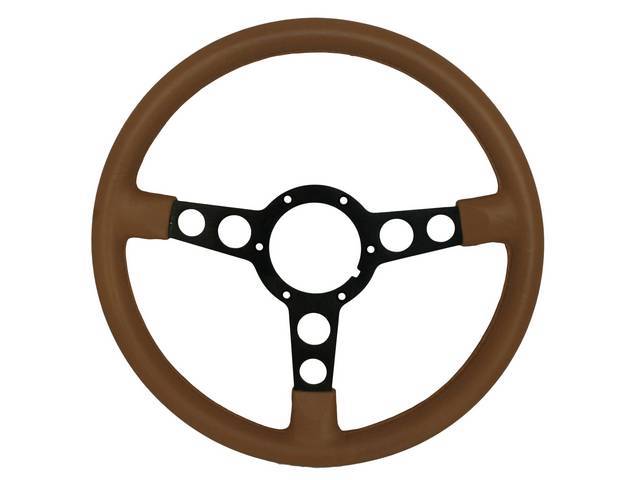 Steering Wheel, Formula 3 Spoke, Camel Tan cushion rim w/ black spokes, correct circumference rim of 3 1/2 inches, reproduction
