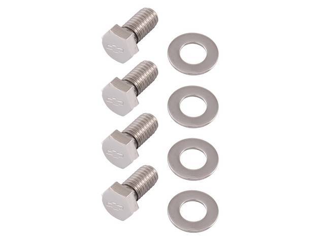 Hood Hinge Bolt Kit, (16) incl hex cap polished stainless bolts w/ *Bowtie* and 8 flat washers, reproduction
